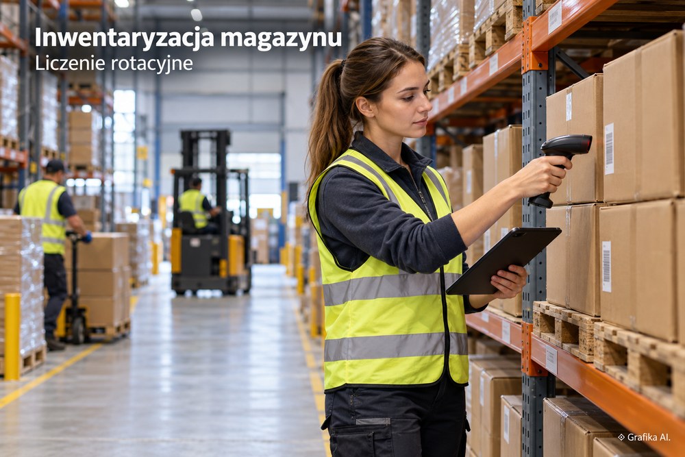 Pracownica sprawdza kartony skanerem podczas liczenia rotacyjnego – grafika AI