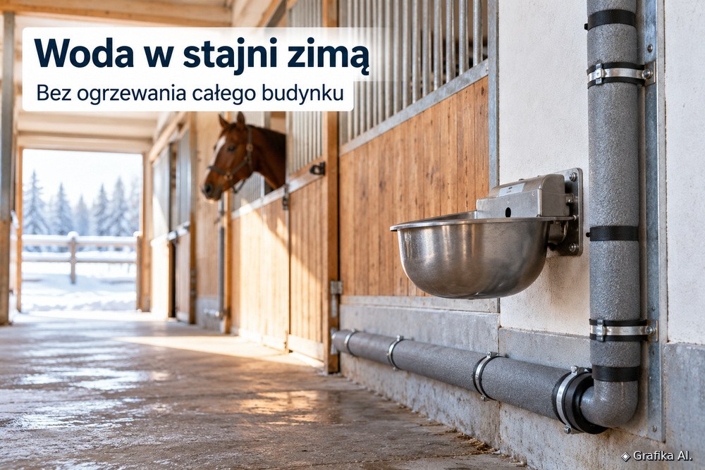 Izolowane rury wodne i poidło w stajni zimą – ilustracja AI
